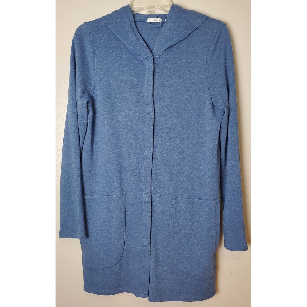 J Jill Pure Jill Small Hooded Cardigan‎ Sweater Jacket Snap Button Front Blue